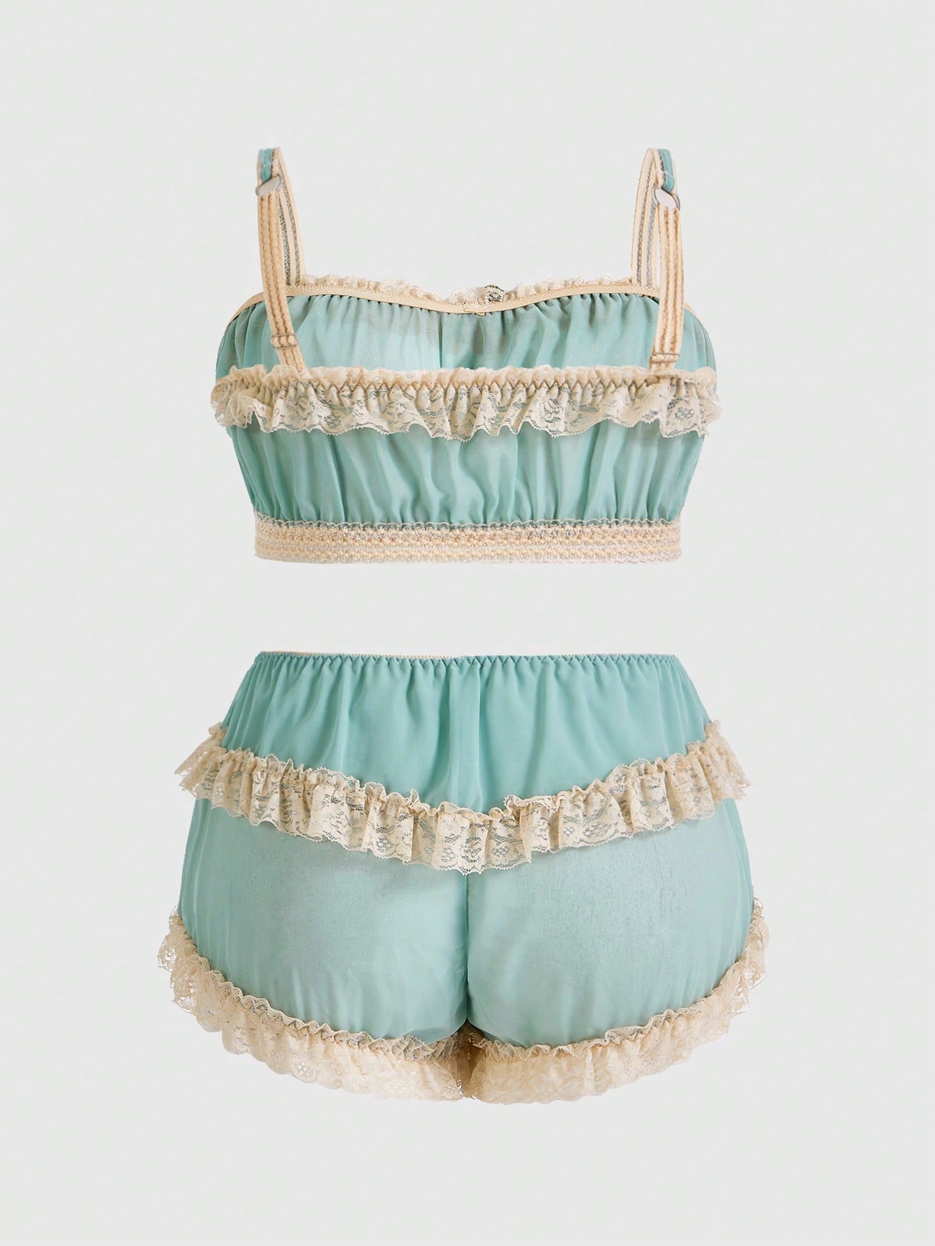 Back view of enchanting loungewear set displaying full coverage and feminine details