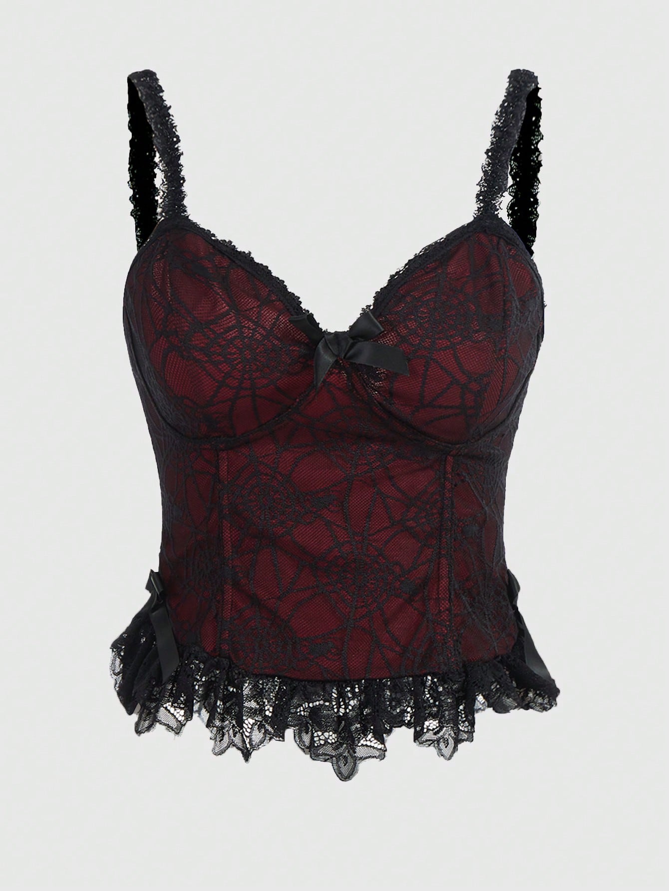 "Gothic black lace halter top with intricate Victorian-inspired pattern, shown on size-inclusive model"
