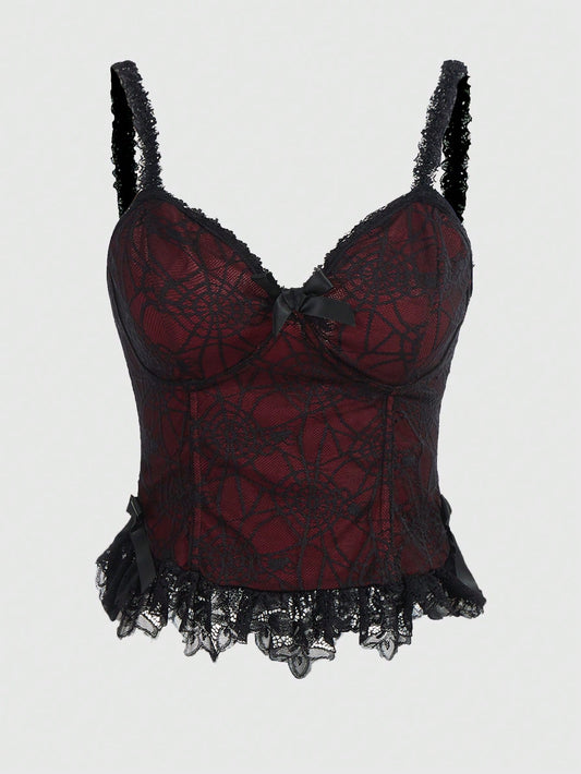 "Gothic black lace halter top with intricate Victorian-inspired pattern, shown on size-inclusive model"
