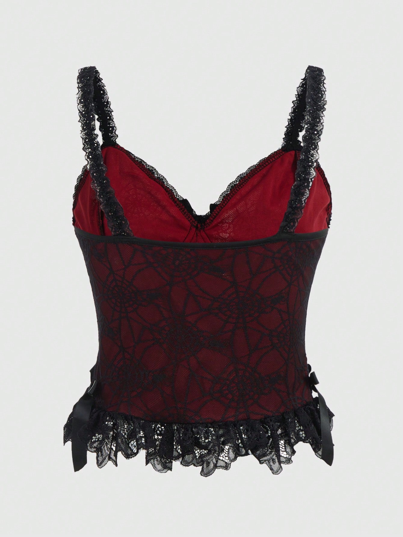 "Back of Gothic black lace halter top with intricate Victorian-inspired pattern, shown on size-inclusive model"
