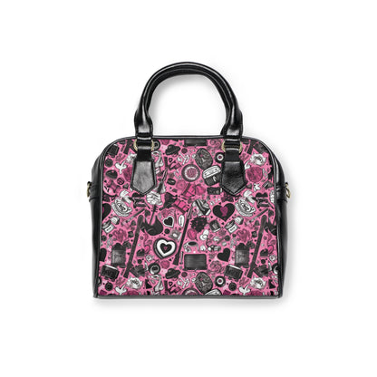 Gothic Hearts pink handbag with barbed-heart motif
Alternative fashion gothic handbag in pink and black
Edgy punk rock purse with rebellious heart design