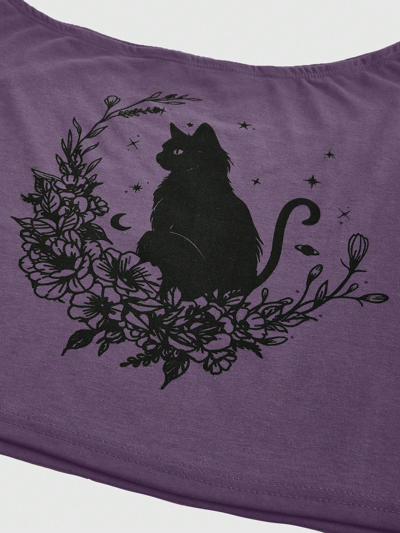 Purple gothic crop top featuring mystical black cat silhouette with floral wreath, stars, and crescent moon - alternative fashion S-5XL