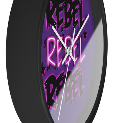 Rock and roll inspired wall clock with REBEL text - music lover's home decor featuring bold design and modern style