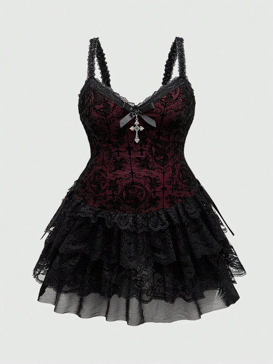 Alternative lace trim dress with crosses - vintage grunge fashion featuring Victorian details and inclusive sizing S-5XL