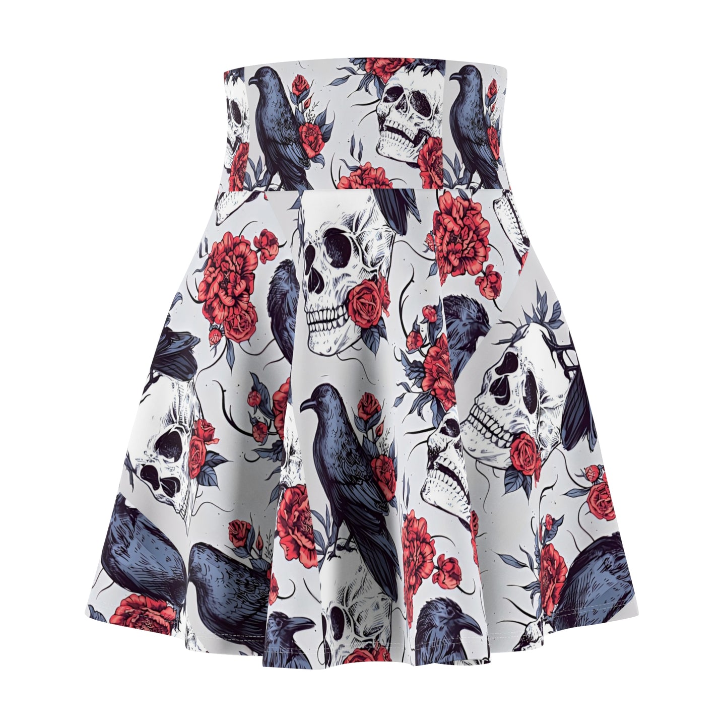 "Gothic skater skirt with raven design shown on size-inclusive model, featuring flared silhouette and high waist"
