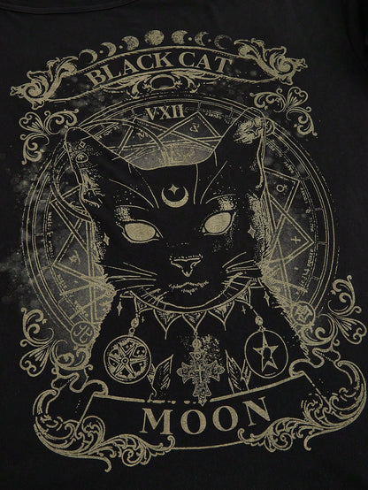 Alternative black cat t-shirt with drop shoulder - casual summer fashion featuring mystical feline design and inclusive sizing S-5XL