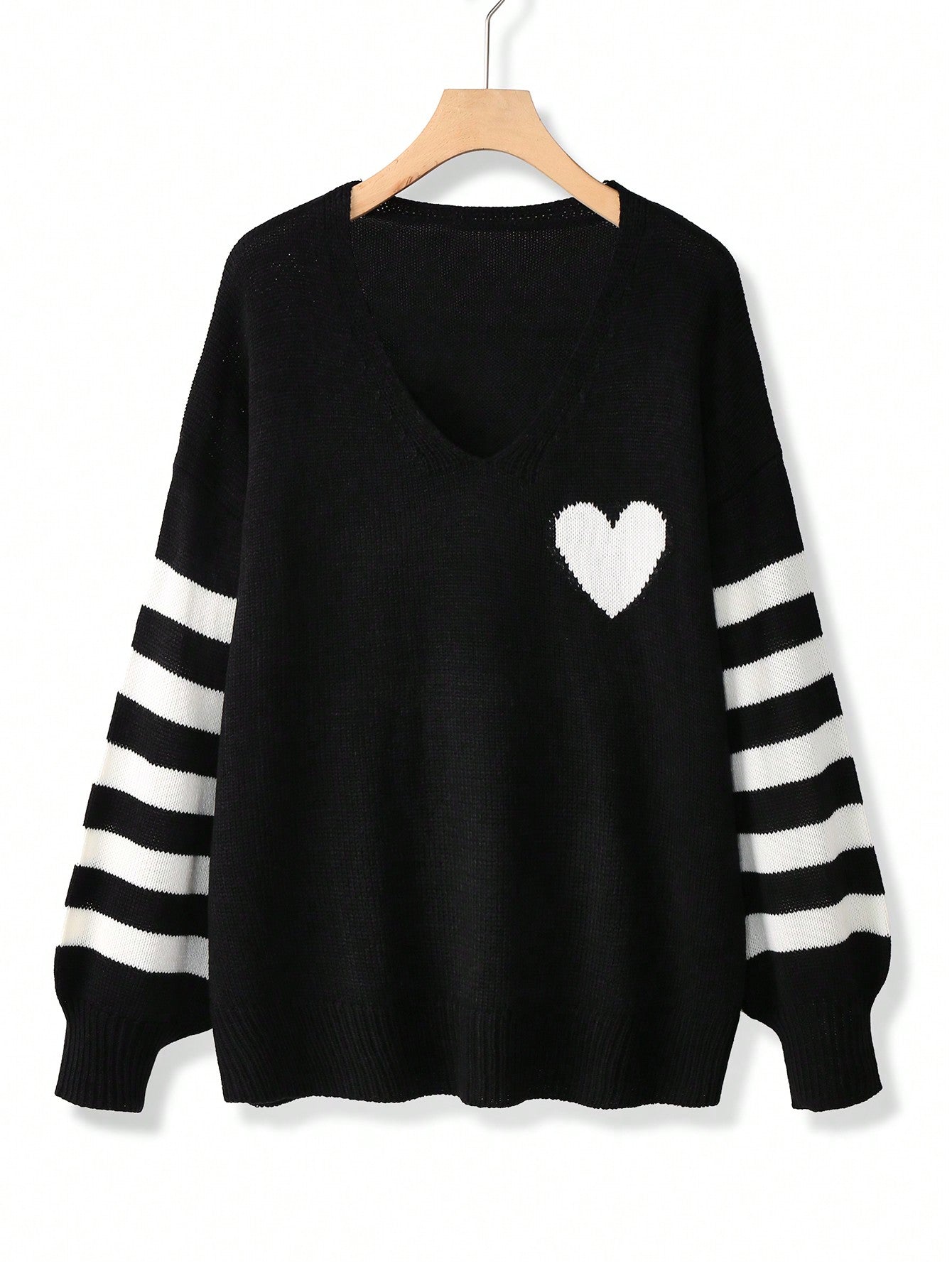 Alternative black sweater with white hearts - cozy fashion featuring long sleeves and inclusive sizing S-5XL