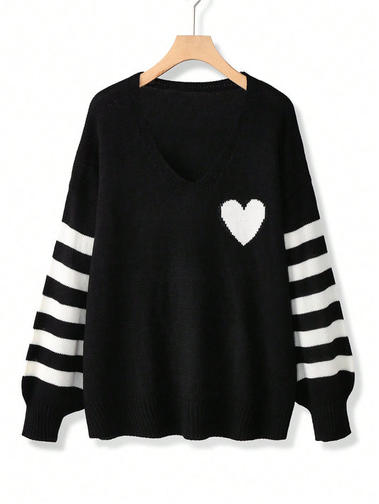 Alternative black sweater with white hearts - cozy fashion featuring long sleeves and inclusive sizing S-5XL