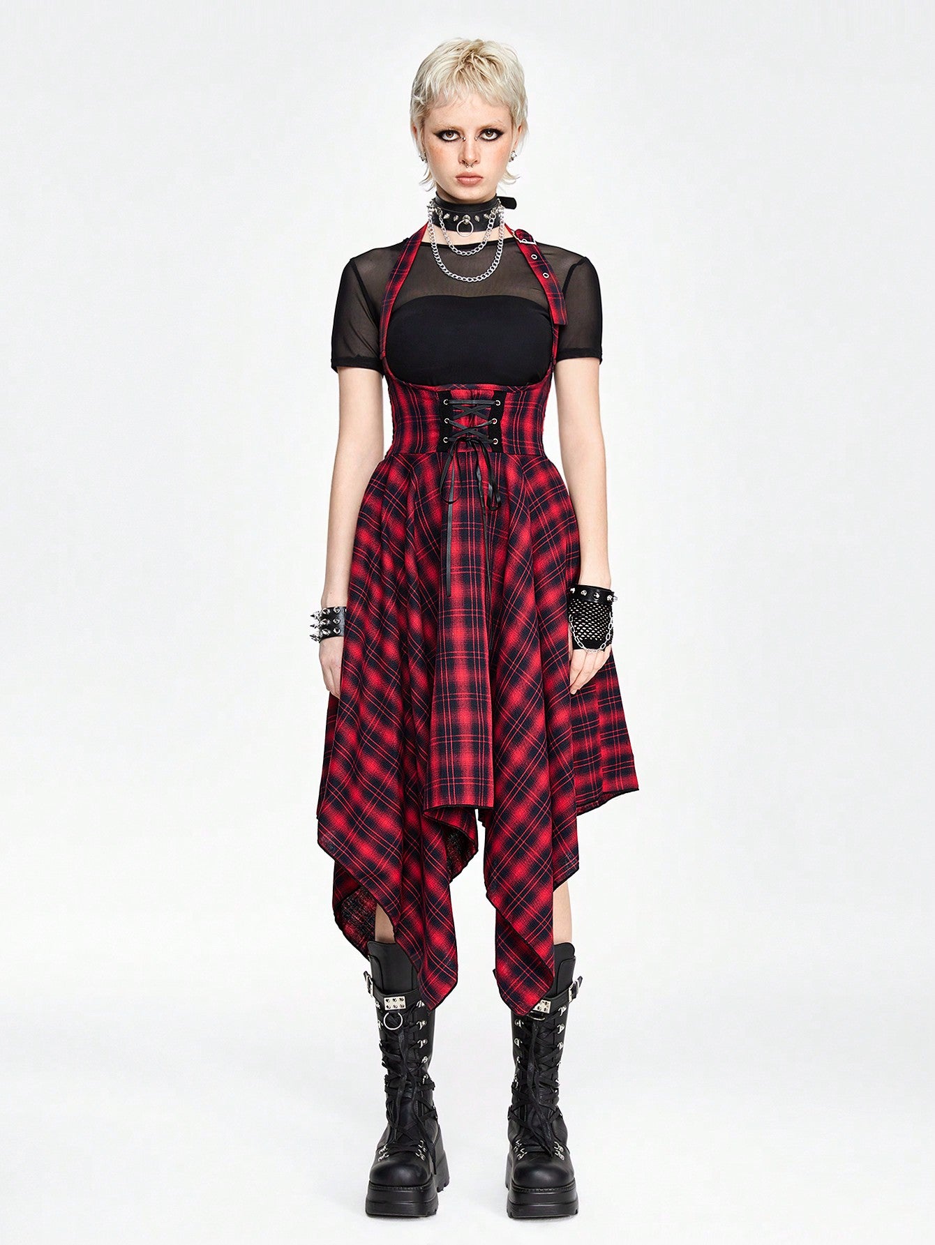 Grunge plaid jumpsuit dress - alternative Valentine's fashion featuring asymmetric hem and inclusive sizing S-5XL