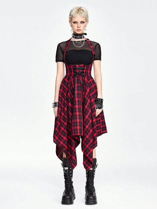 Grunge plaid jumpsuit dress - alternative Valentine's fashion featuring asymmetric hem and inclusive sizing S-5XL
