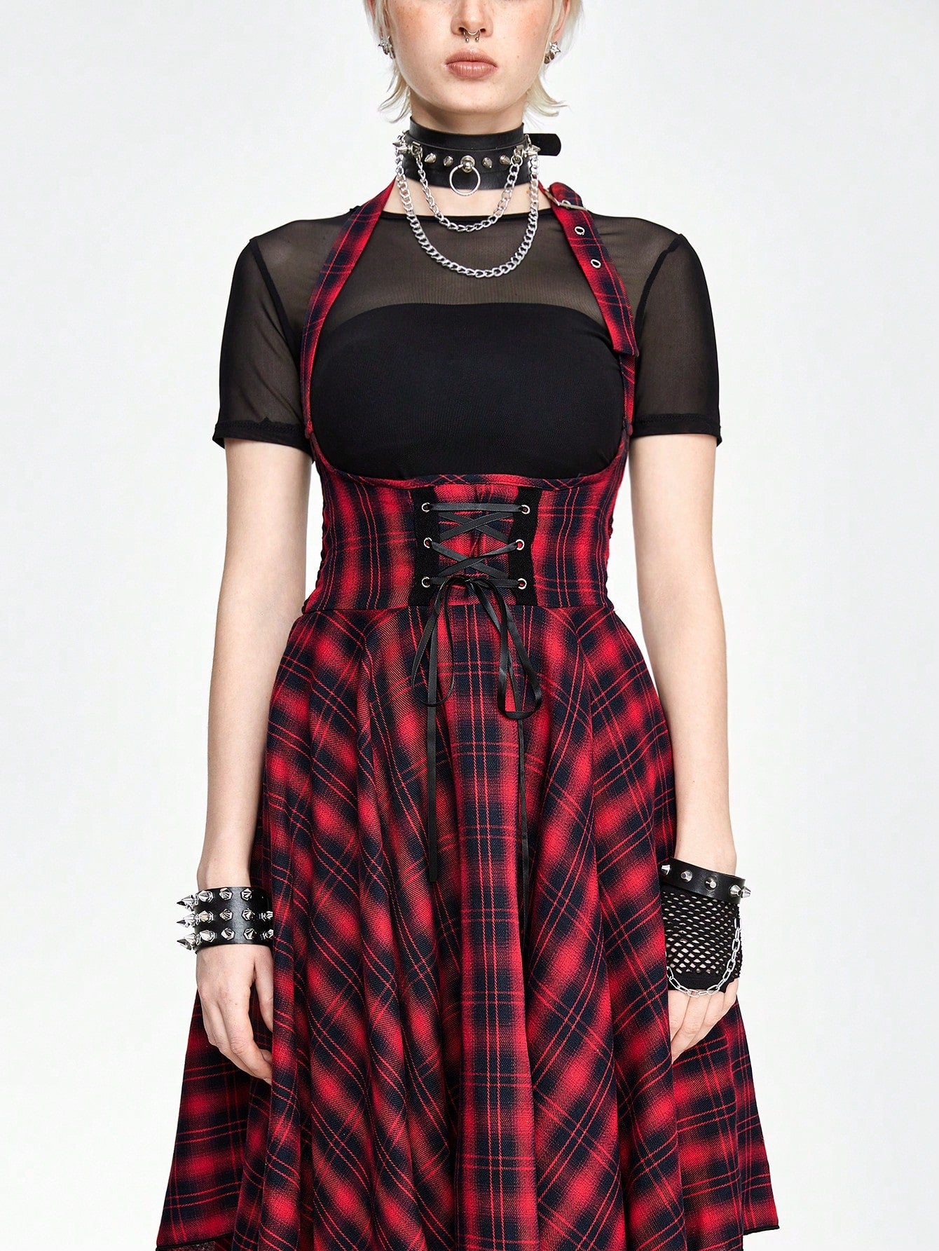 Grunge plaid jumpsuit dress - alternative Valentine's fashion featuring asymmetric hem and inclusive sizing S-5XL