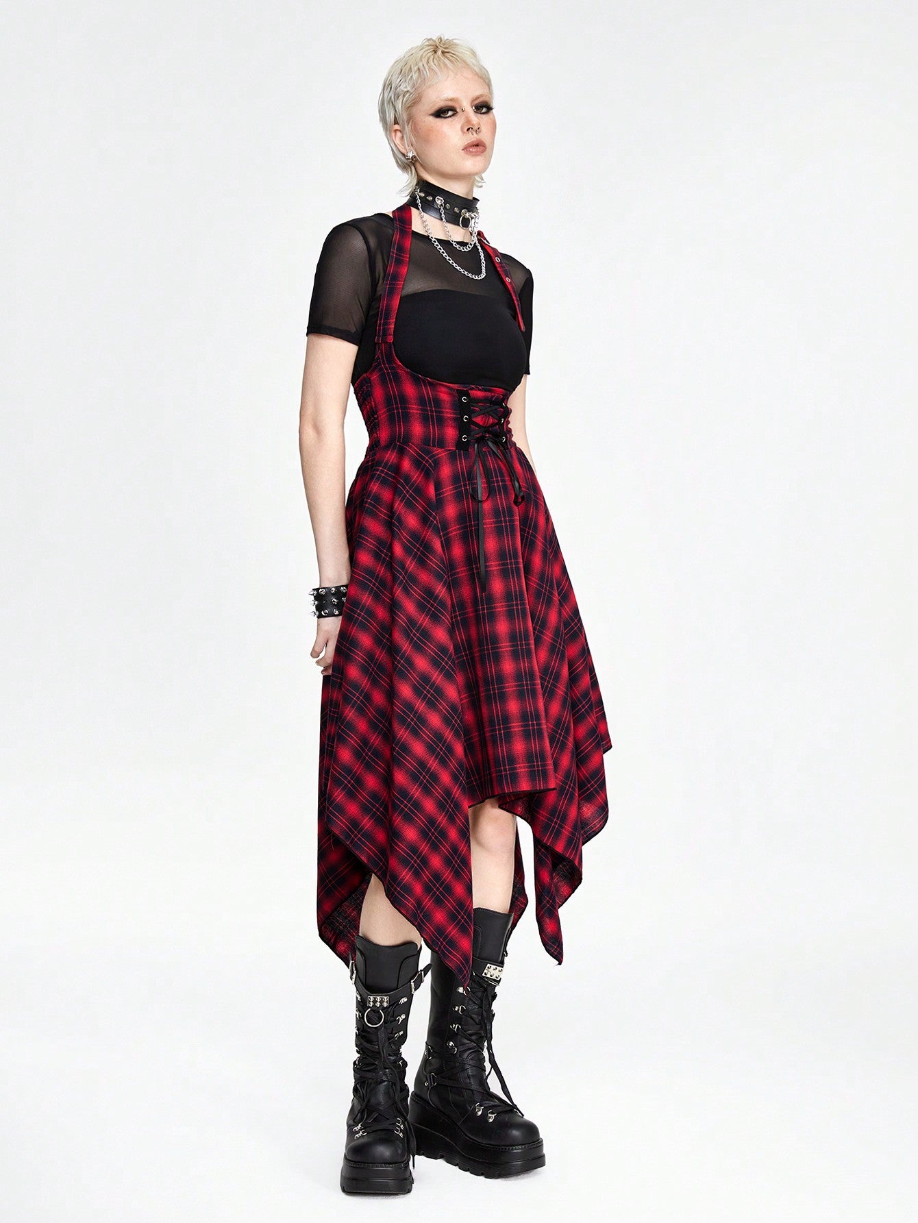 Grunge plaid jumpsuit dress - alternative Valentine's fashion featuring asymmetric hem and inclusive sizing S-5XL