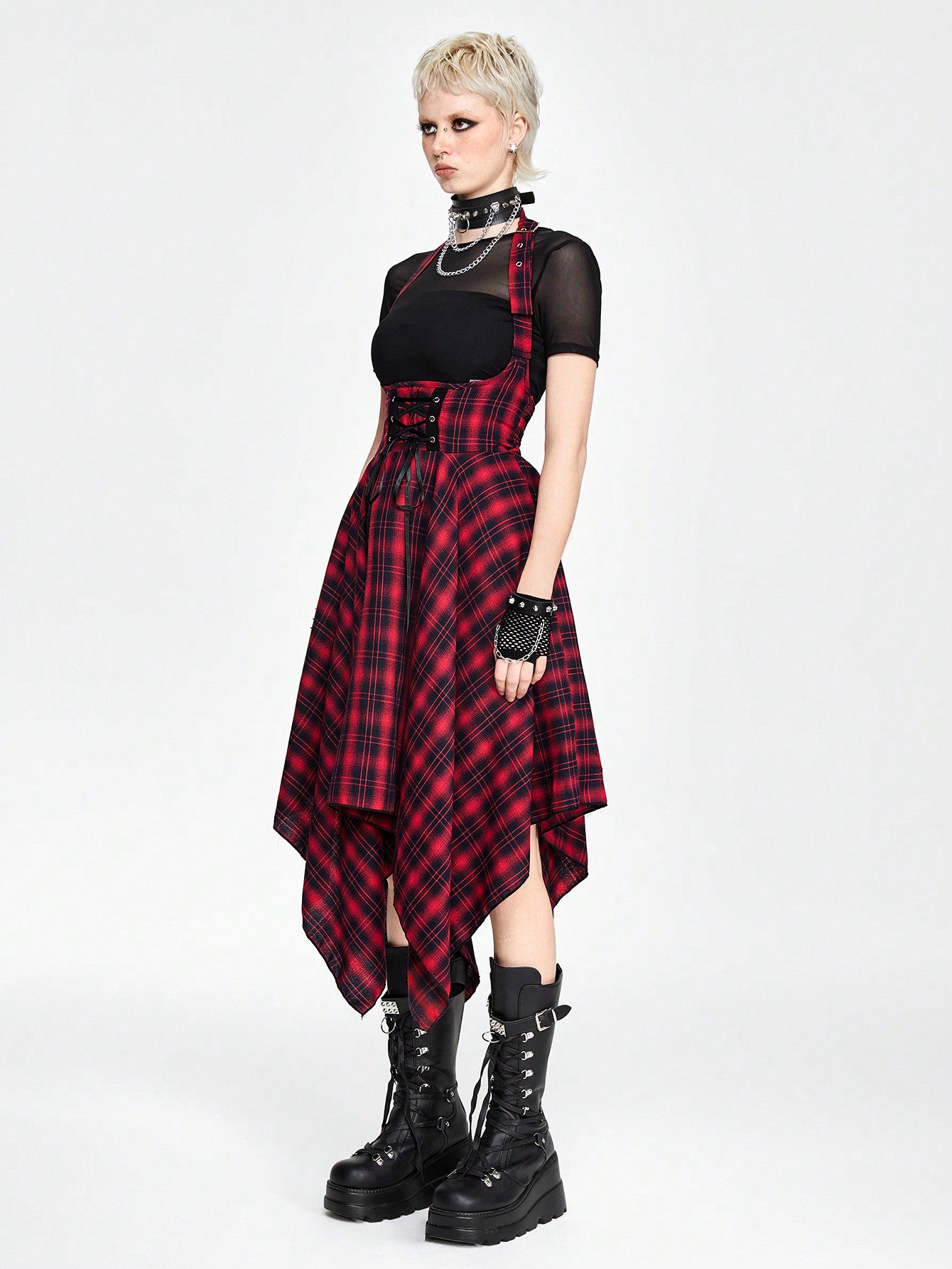 Grunge plaid jumpsuit dress - alternative Valentine's fashion featuring asymmetric hem and inclusive sizing S-5XL