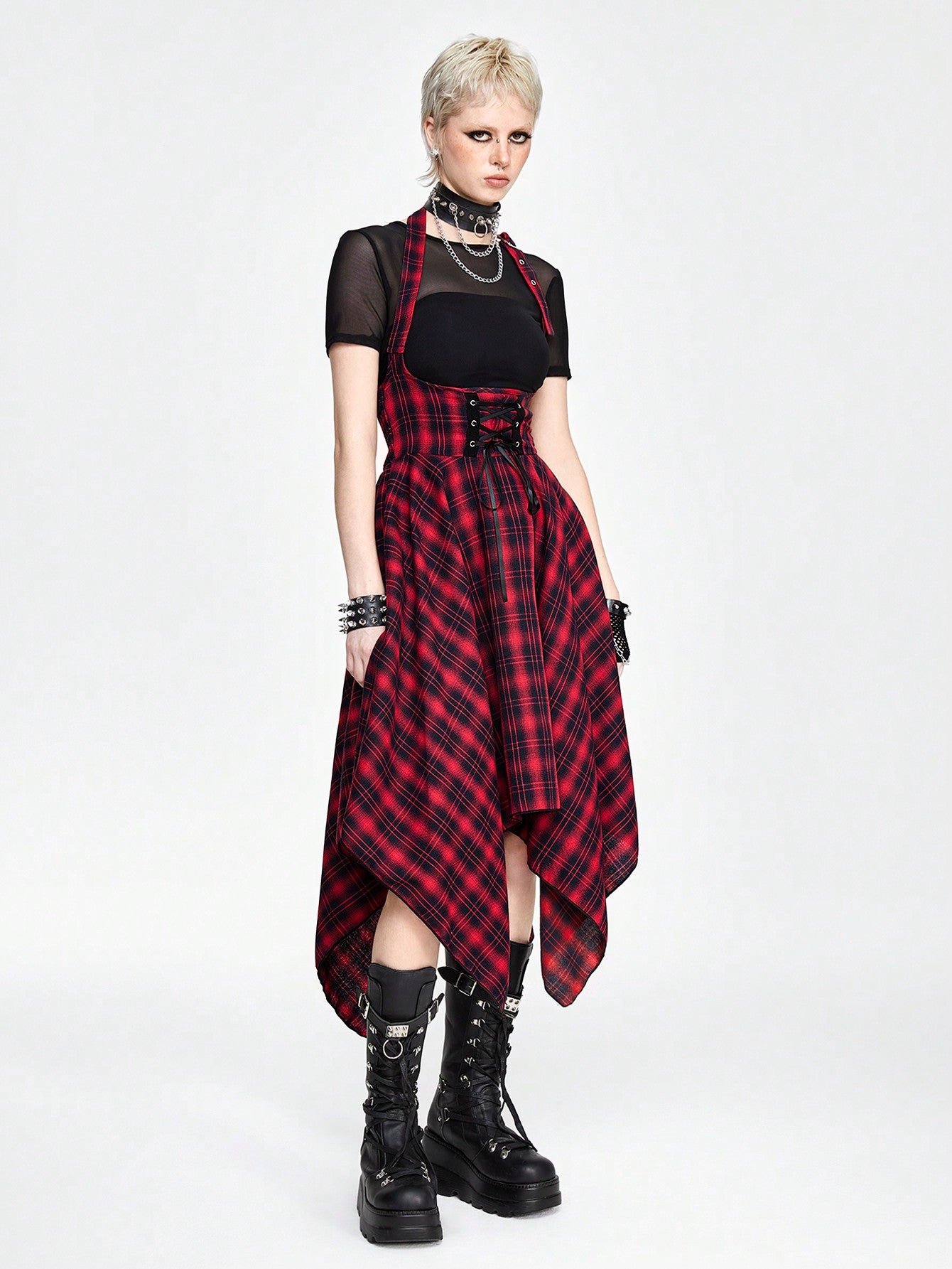 Grunge plaid jumpsuit dress - alternative Valentine's fashion featuring asymmetric hem and inclusive sizing S-5XL