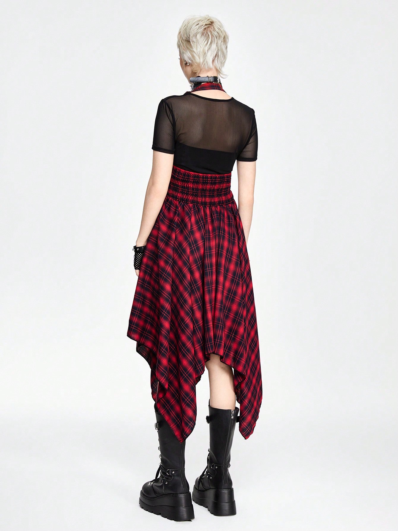Grunge plaid jumpsuit dress - alternative Valentine's fashion featuring asymmetric hem and inclusive sizing S-5XL