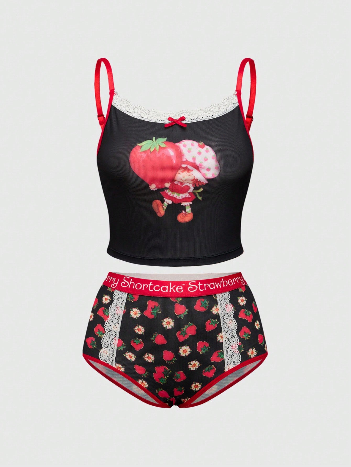 Size-inclusive strawberry print loungewear set featuring cozy top and bottoms, available in sizes S-5XL