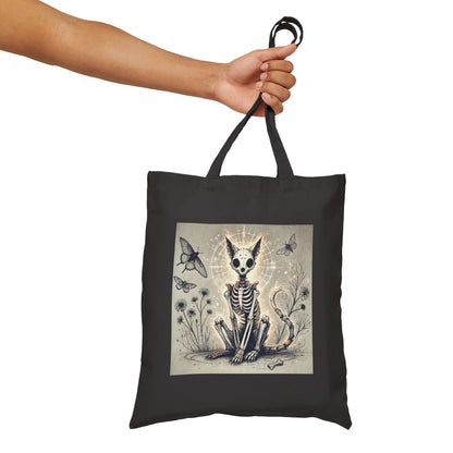 Alternative canvas tote bag with skeleton cat design - edgy feline fashion featuring durable construction and spooky style