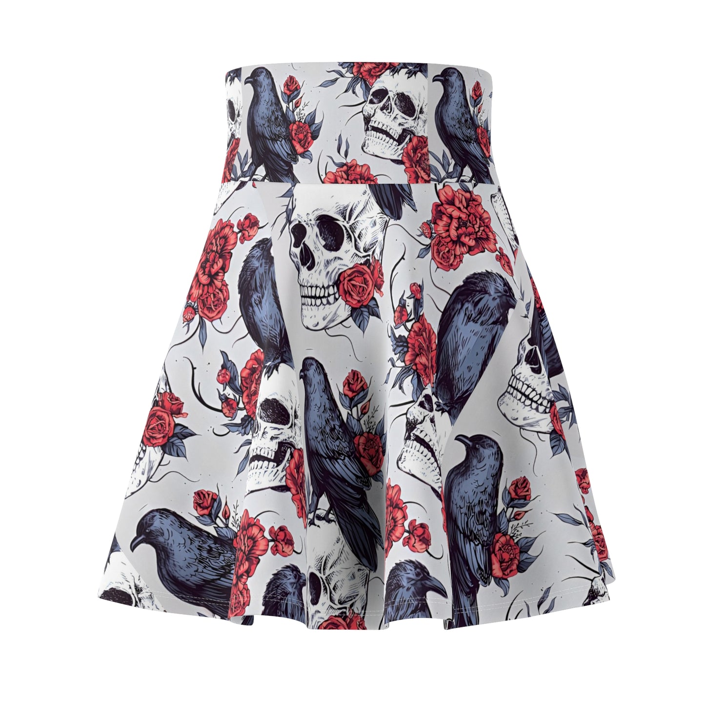 "Gothic skater skirt with raven design shown on size-inclusive model, featuring flared silhouette and high waist"
