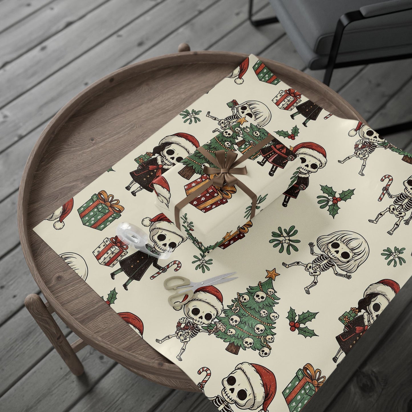 Deck The Halls With Little Skulls In Beige Holiday Gift Wrapping Paper