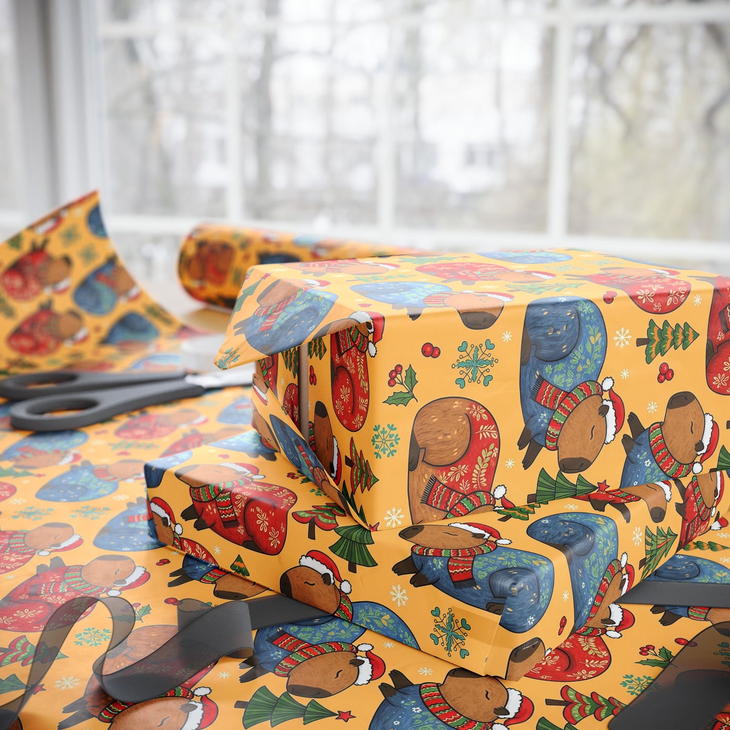Christmas Capybaras Wrapping Paper - Yellow