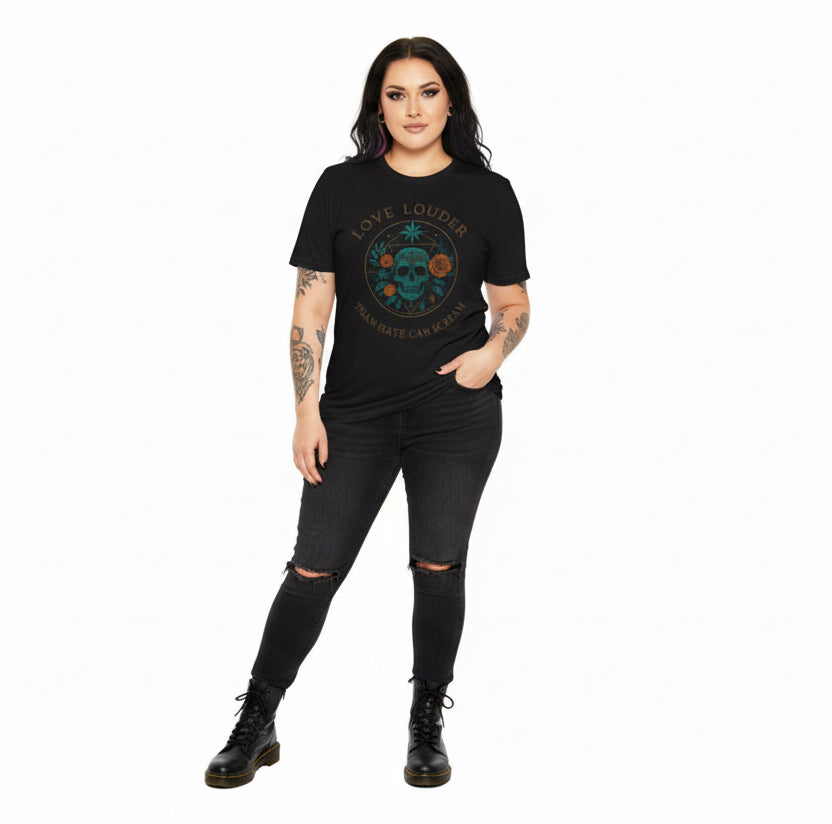 Woman wearing a black t-shirt with a graphic design on a white background