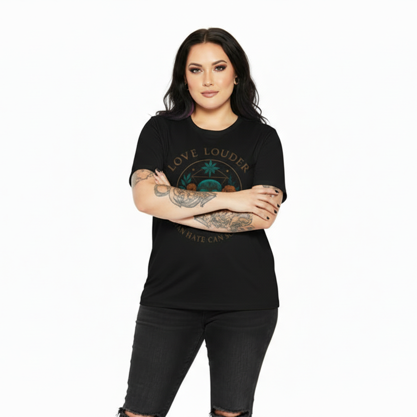 Woman wearing a black t-shirt with 'Love Louder' text on a white background