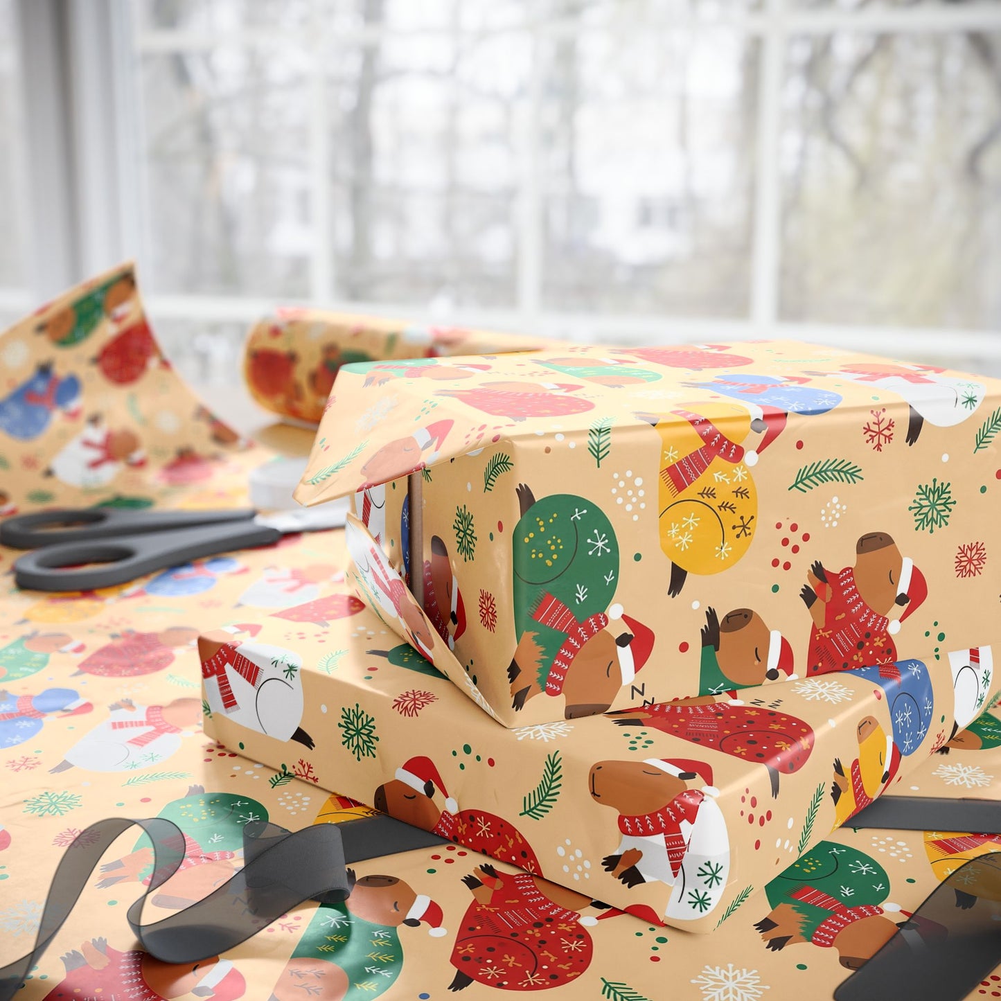 The Sleepiest Christmas Capybara Wrapping Paper — Multi-Color Holiday Animal Gift Wrap a
