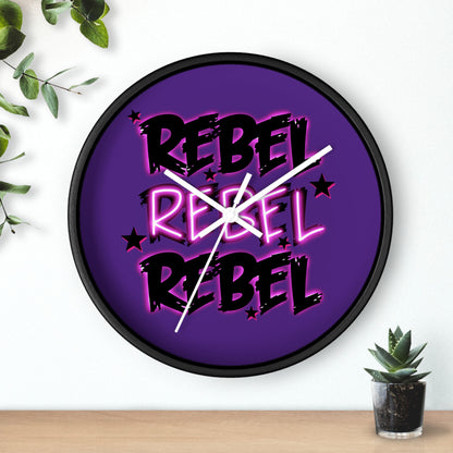 Rock and roll inspired wall clock with REBEL text - music lover's home decor featuring bold design and modern style