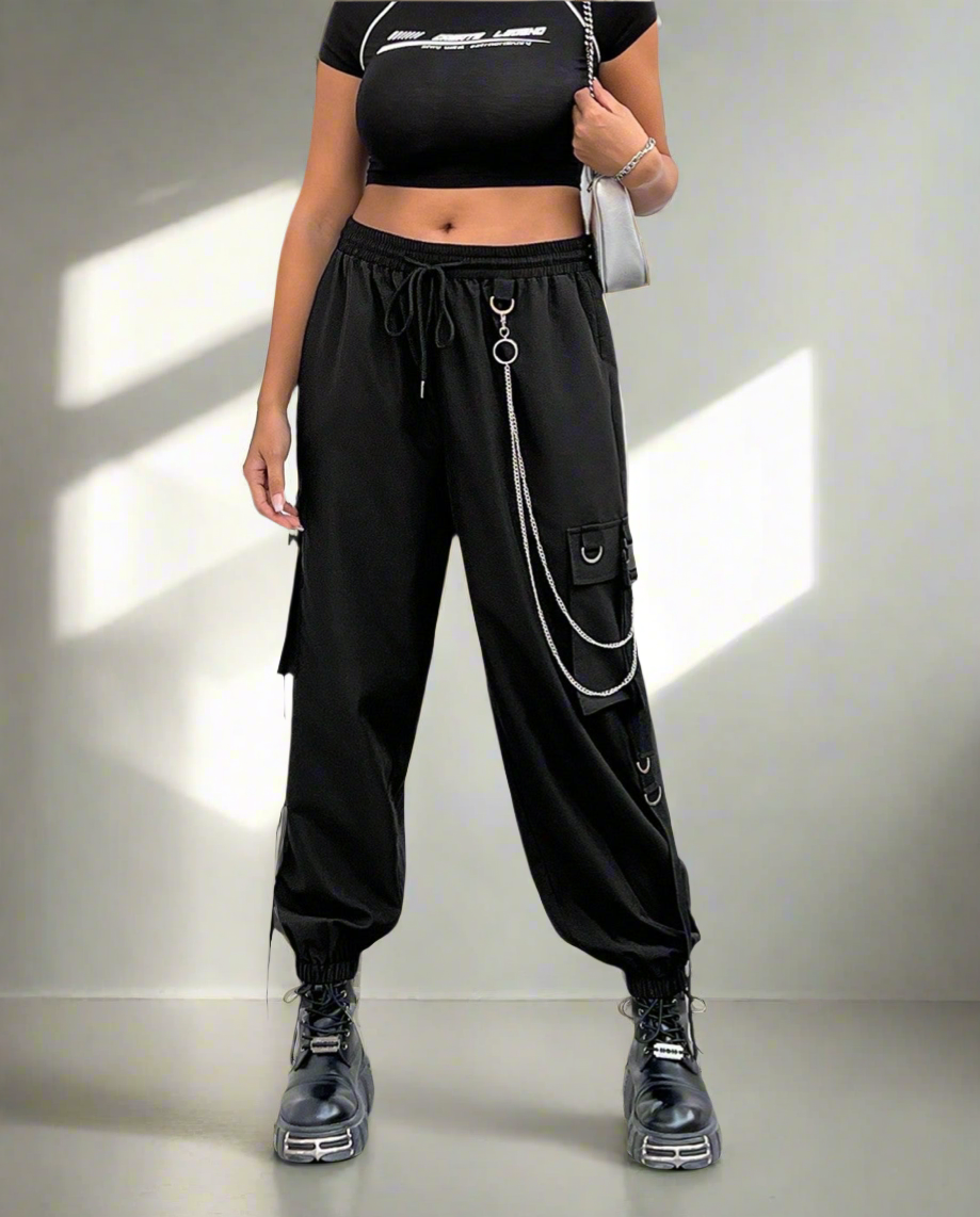 Edgy cargo pants with chain details - alternative fashion featuring edgy design and inclusive sizing S-5XL