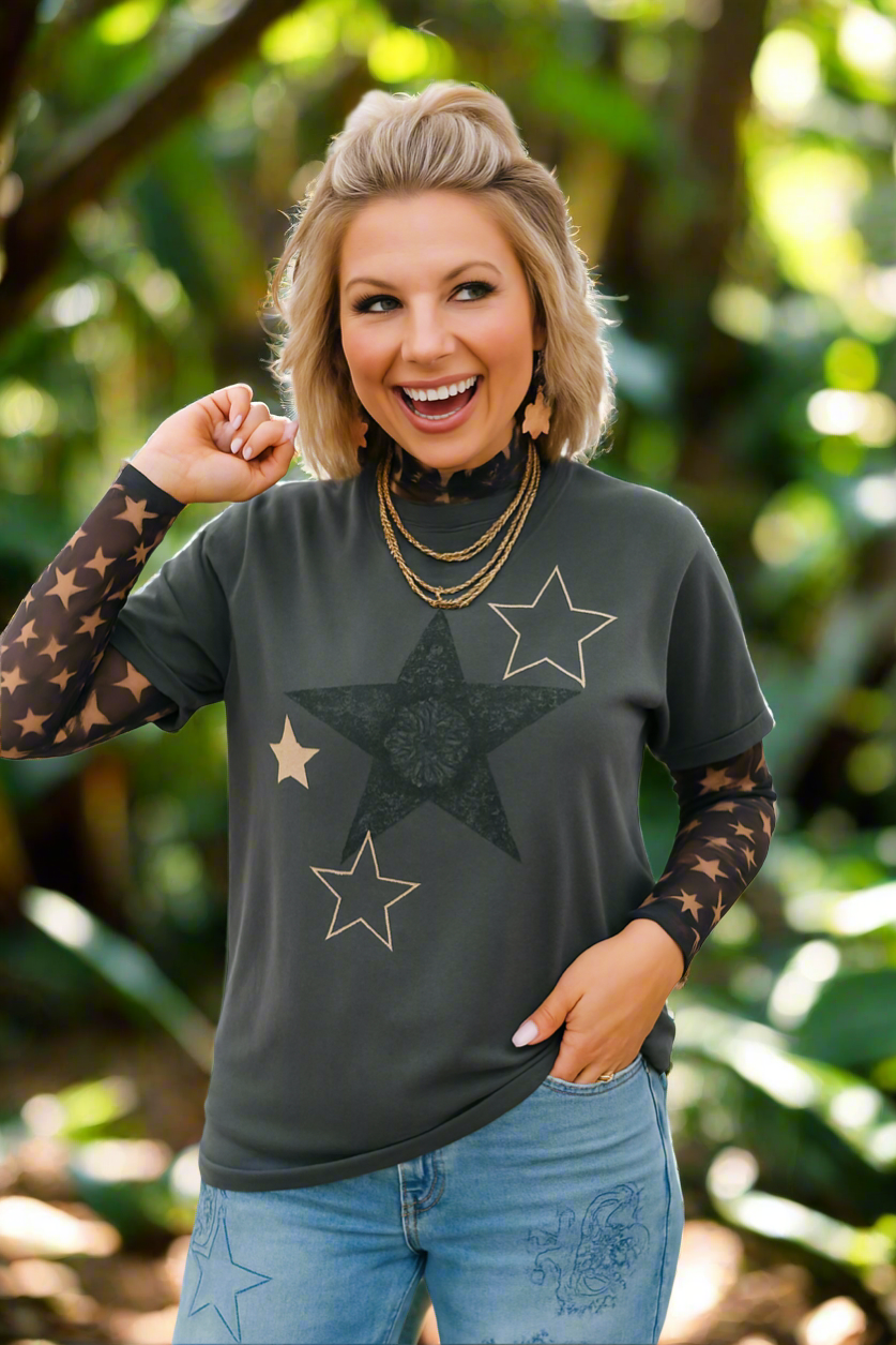 Paisley Riot Tee — black and white paisley star print shirt
Gothic paisley t-shirt with star motif in punk rock style
Alternative fashion tee with paisley and star design
