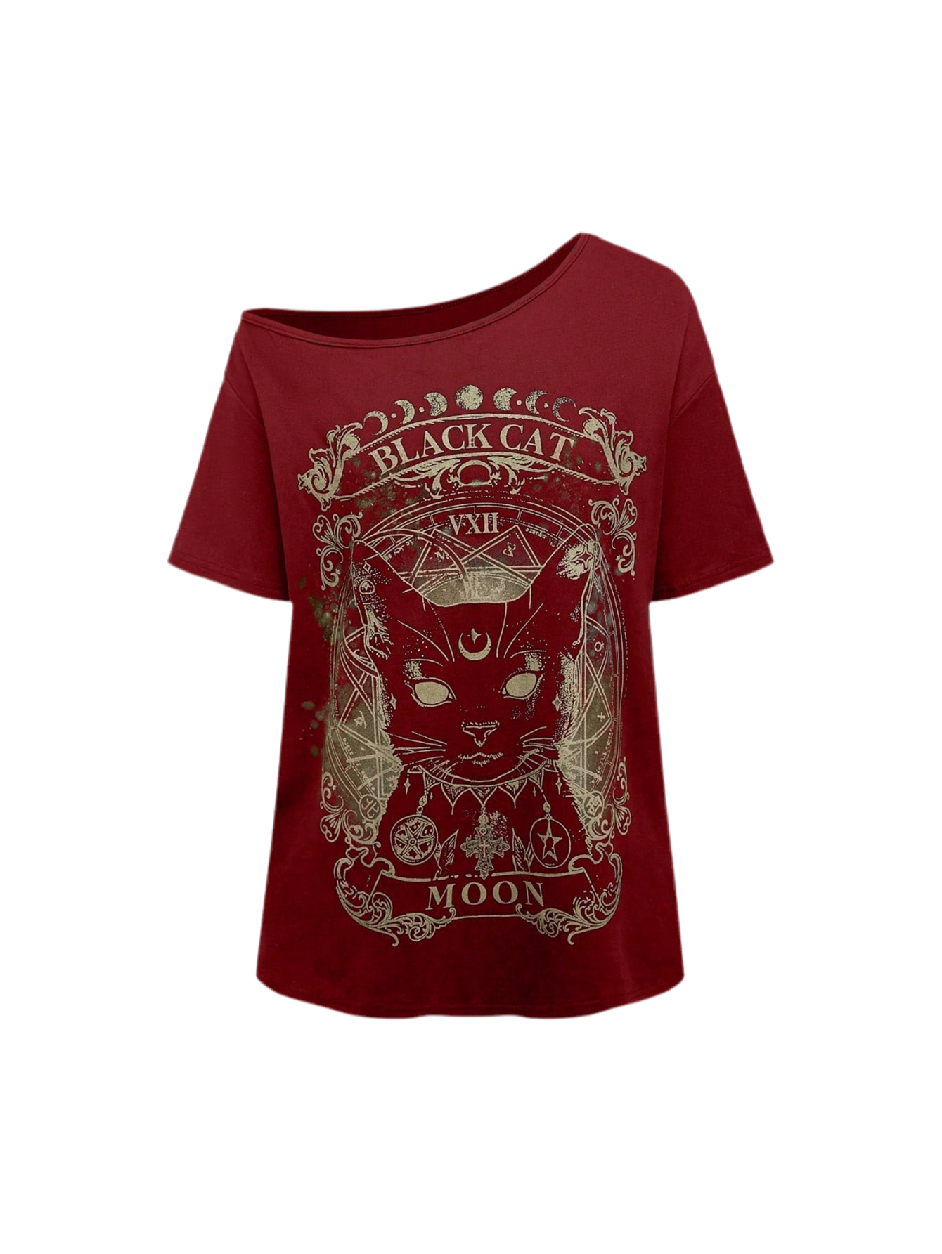 Alternative black cat t-shirt with drop shoulder - casual summer fashion featuring mystical feline design and inclusive sizing S-5XL