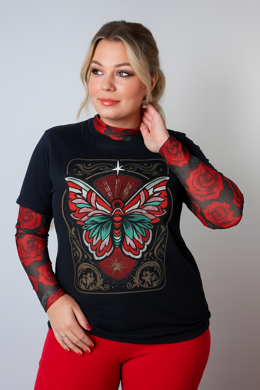 Crimson Flutter Tee — black flutter-sleeve top with crimson butterfly design
Gothic butterfly tee in dark romantic style
Alternative fashion flutter top with red accents