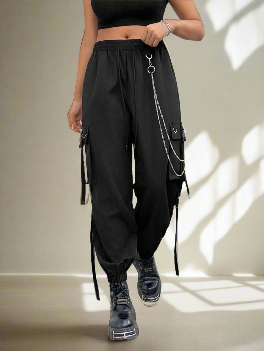 Edgy cargo pants with chain details - alternative fashion featuring edgy design and inclusive sizing S-5XL