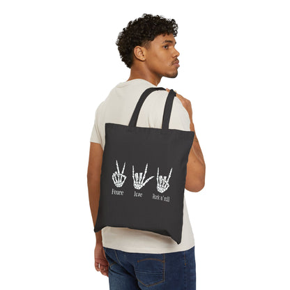 Rock and roll canvas tote bag with bold rock hand symbol - music-inspired carry-all featuring durable design and concert-ready style