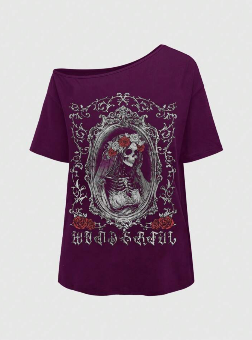 Gothic plum tee with skeleton bride and rose crown design
Dark romantic off-shoulder skull shirt in baroque frame
Vintage gothic t-shirt with roses and skeleton artwork
