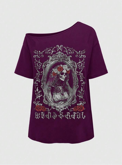 Gothic plum tee with skeleton bride and rose crown design
Dark romantic off-shoulder skull shirt in baroque frame
Vintage gothic t-shirt with roses and skeleton artwork
