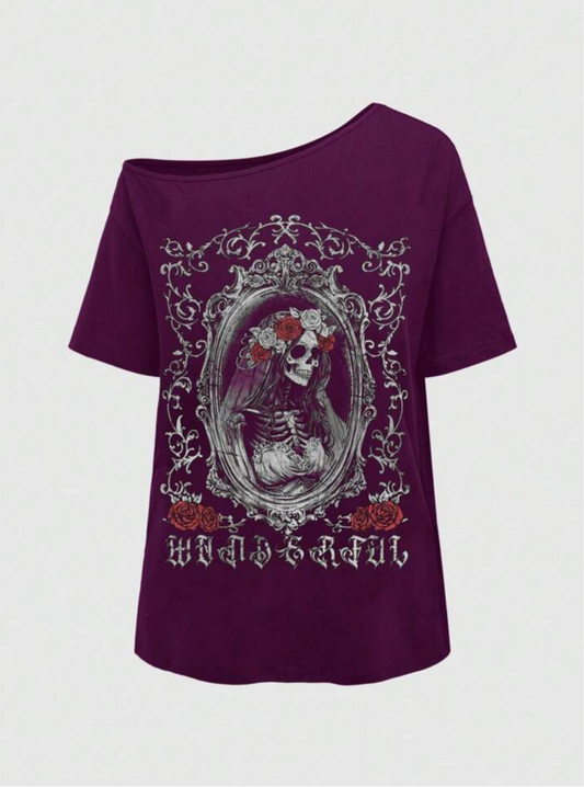 Gothic plum tee with skeleton bride and rose crown design
Dark romantic off-shoulder skull shirt in baroque frame
Vintage gothic t-shirt with roses and skeleton artwork
