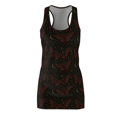 Crimson Muse gothic maxi dress in crimson tones 
Black dress with crimson red moth pattern on a white background
Edgy butterfly pattern punk rock dress
