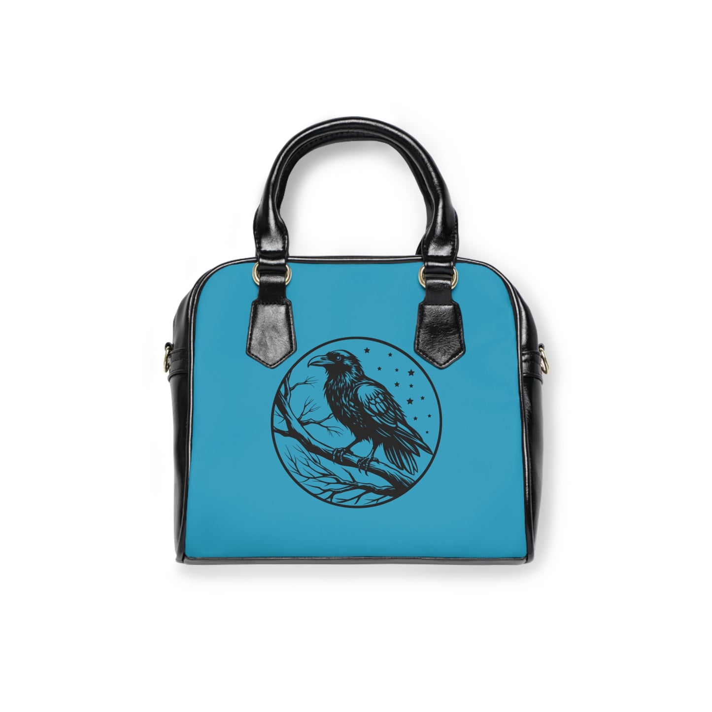 Gothic shoulder bag with raven design and azure accents - alternative fashion handbag featuring mystical dark style with blue details