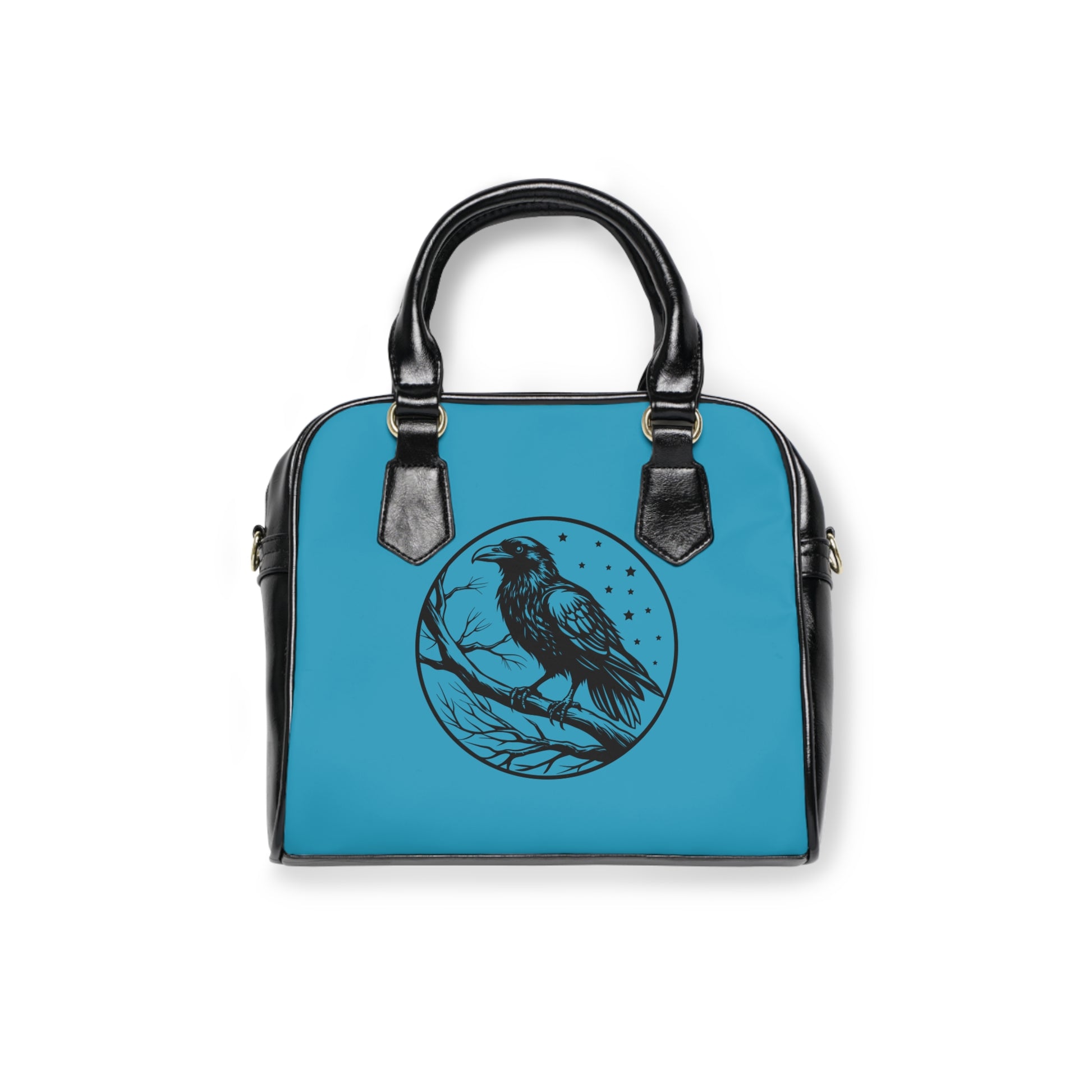Gothic shoulder bag with raven design and azure accents - alternative fashion handbag featuring mystical dark style with blue details