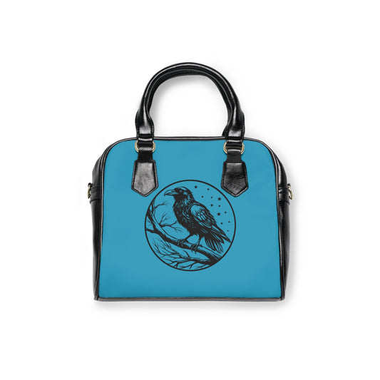 Gothic shoulder bag with raven design and azure accents - alternative fashion handbag featuring mystical dark style with blue details