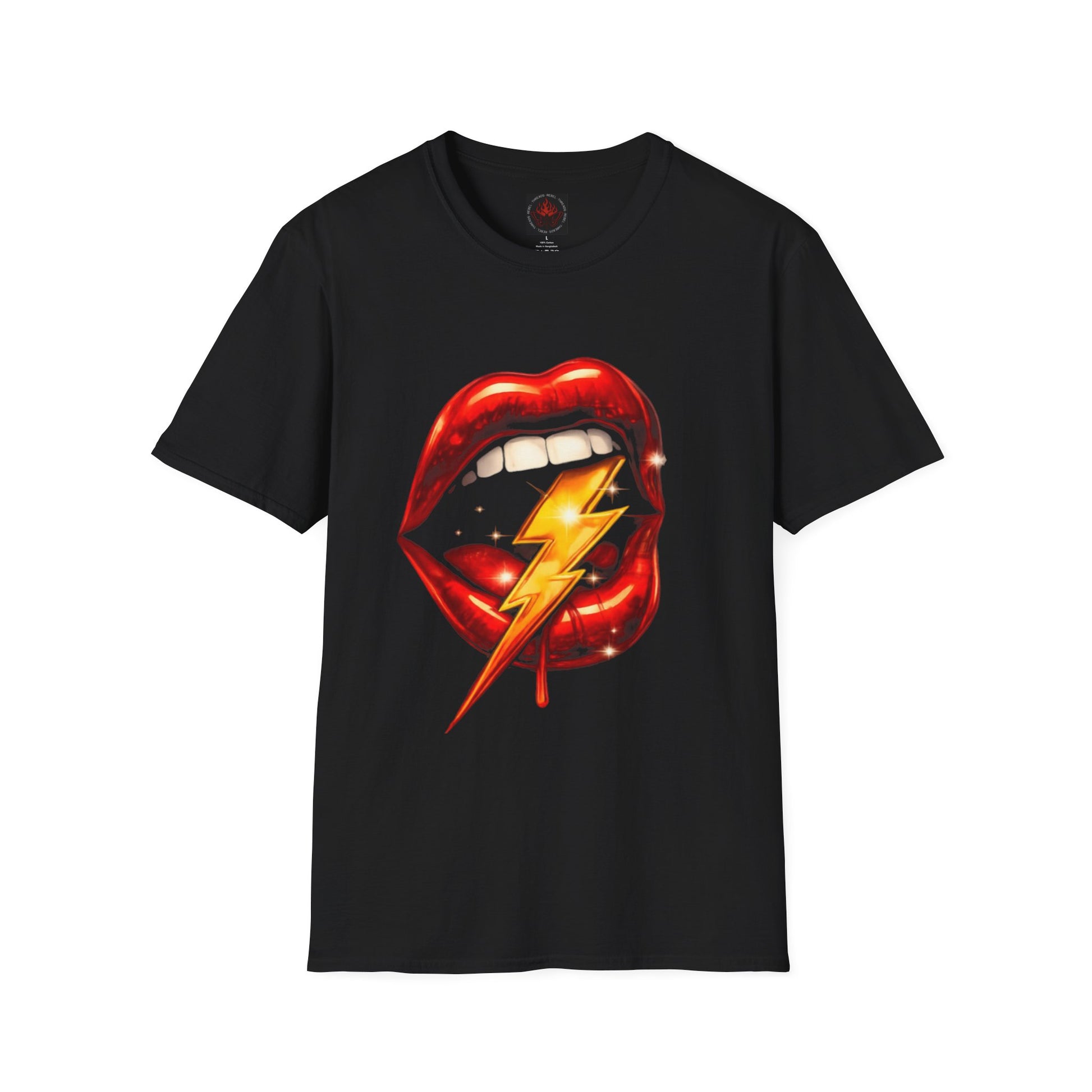 Black t-shirt with red lips and yellow lightning bolt design on a white background