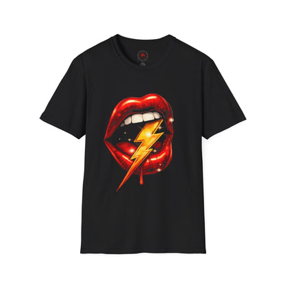 Black t-shirt with red lips and yellow lightning bolt design on a white background