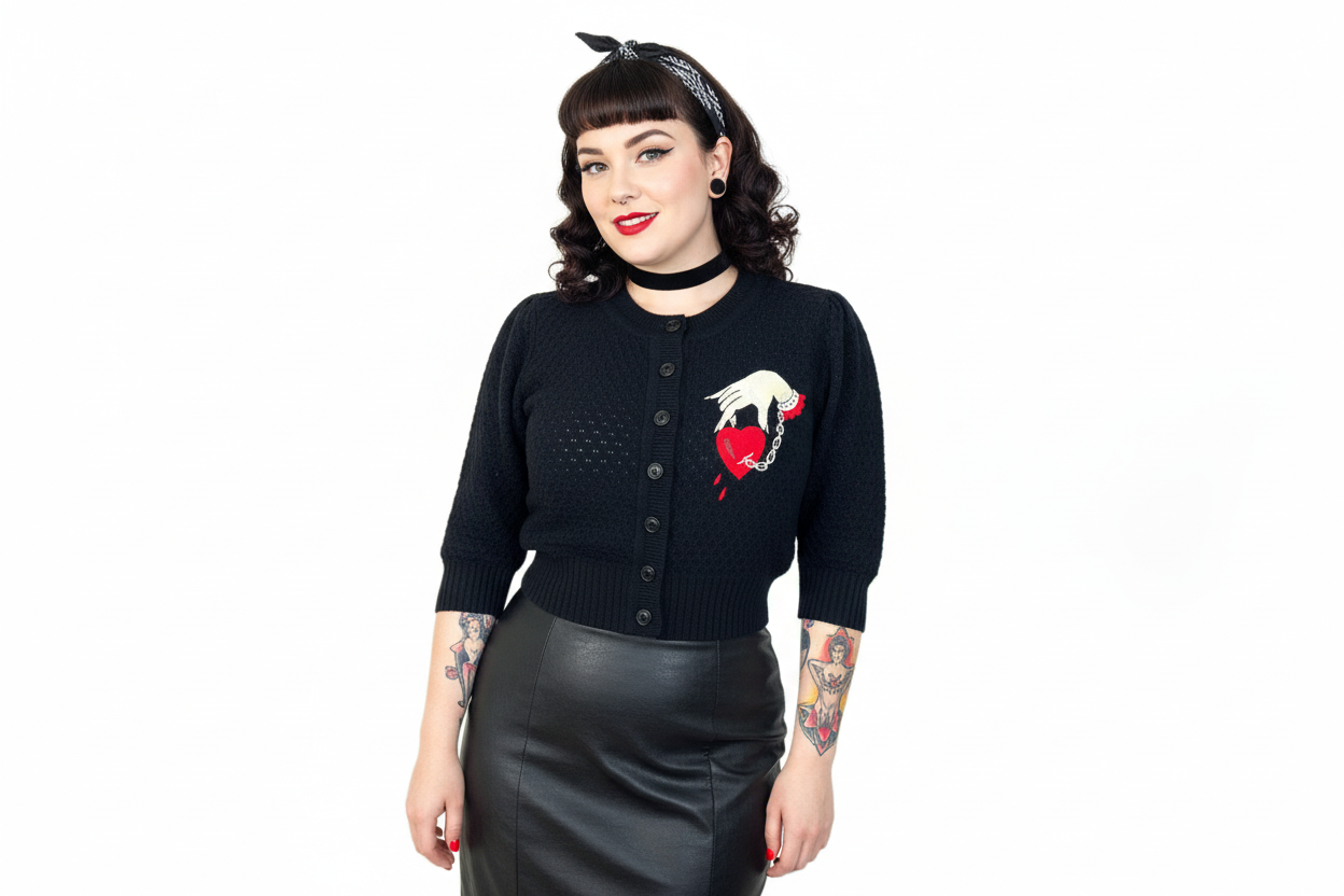 Woman wearing a black cardigan with a skull design on a white background