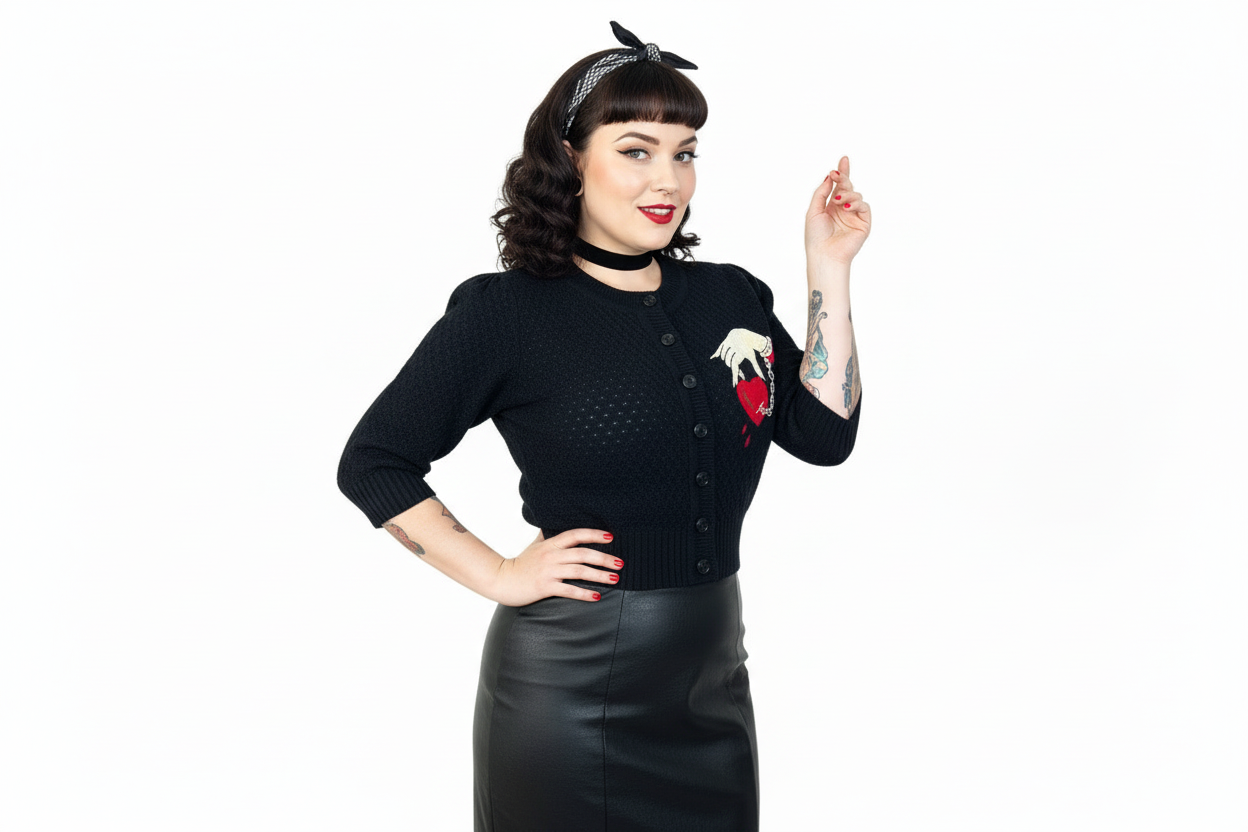 Woman wearing a black cardigan with a red and white design, black skirt, and headband on a white background