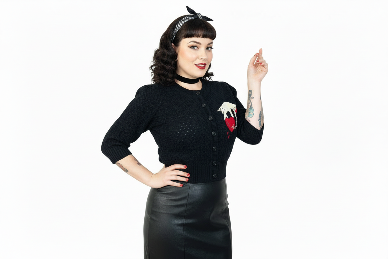Woman wearing a black cardigan with a red and white design, black skirt, and headband on a white background