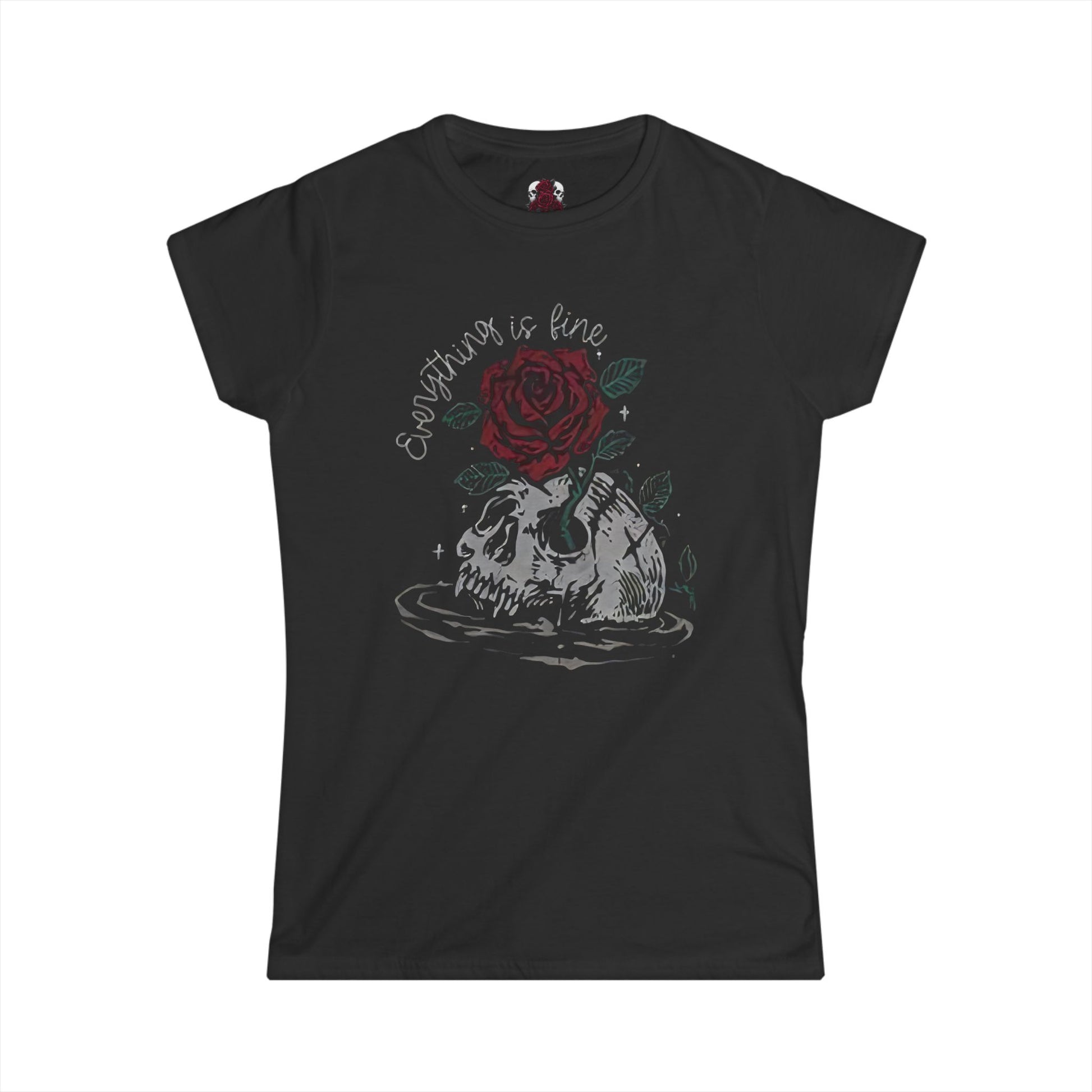 Black graphic tee with white ironic text 'Everything is Fine' shown on size-inclusive model against dark background