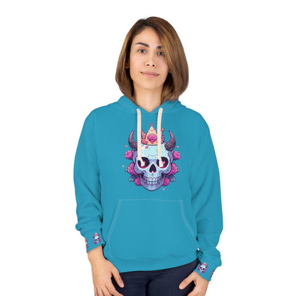 Gothic teal hoodie with skull design - alternative fashion featuring unique color and edgy artwork in inclusive sizing S-5XL