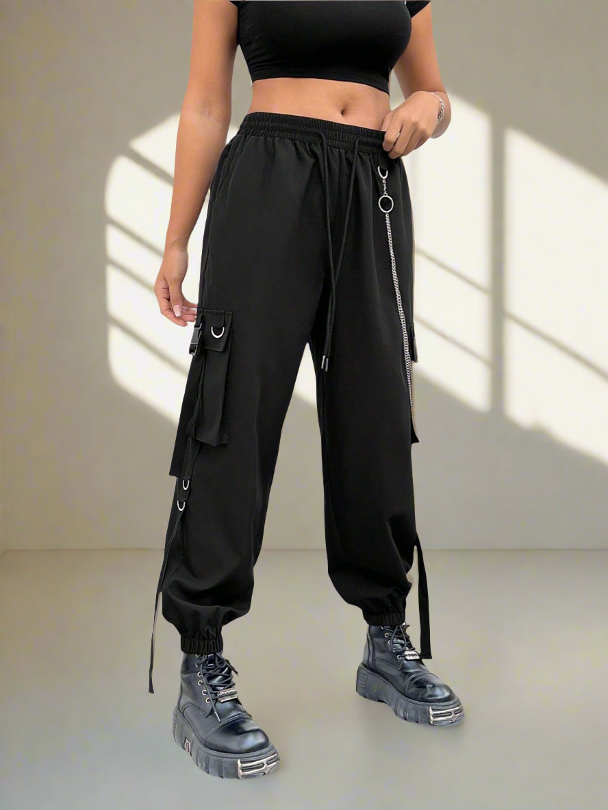Edgy cargo pants with chain details - alternative fashion featuring edgy design and inclusive sizing S-5XL