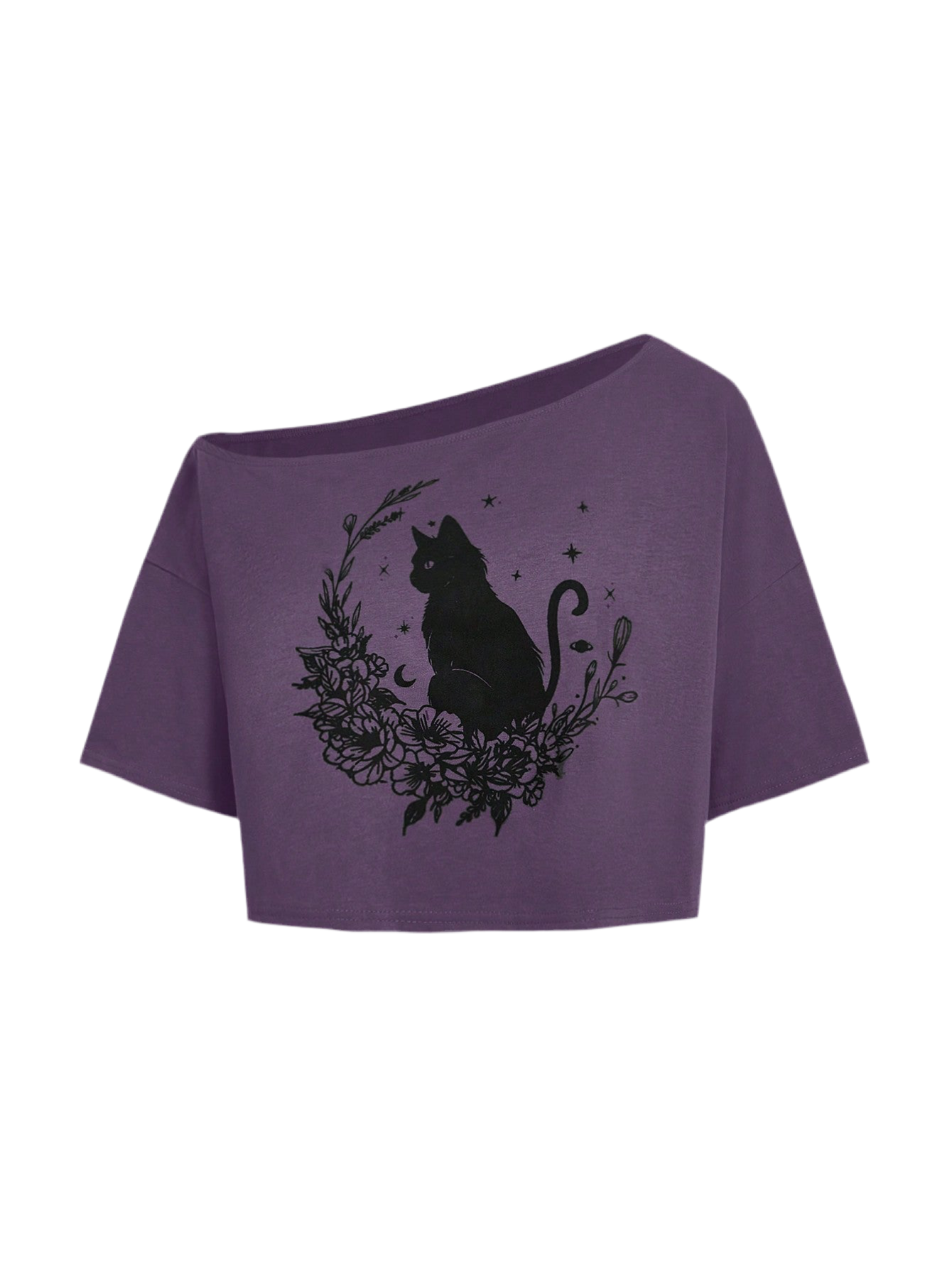 Purple gothic crop top featuring mystical black cat silhouette with floral wreath, stars, and crescent moon - alternative fashion S-5XL